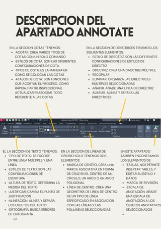 DESCRIPCIONDEL
APARTADOANNOTATE
N/P
·TIPO DE TEXTO. SE ESCOGE
ENTRE LÍNEA MÚLTIPLE Y UNA
LÍNEA
·ESTILOS DE TEXTO. SON LAS
CONFIGURACIONES DE
ESCRITURA
·ALTURA DE TEXTO. DETERMINA LA
MEDIDA DEL TEXTO
·JUSTIFICAR. CAMBIA EL PUNTO DE
JUSTIFICACIÓN
·ALINEACIÓN. ALINEA Y SEPARA
LOS OBJETOS DEL TEXTO
·ORTOGRAFÍA. BUSCA ERRORES
DE ORTOGRAFÍA
EL LA SECCION DE TEXTO TENEMOS:
·MARCA DE CENTRO. CREA UNA
MARCA ASOCIATIVA EN FORMA
DE CRUZ EN EL CENTRO DE UN
CÍRCULO, UN ARCO O UN ARCO
POLIGONAL
·LÍNEA DE CENTRO. CREA UNA
GEOMETRÍA DE LÍNEA DE CENTRO
DE UN TIPO DE LÍNEA
ESPECIFICADO EN ASOCIACIÓN
CON LAS LÍNEAS Y LAS
POLILÍNEAS SELECCIONADAS
EN LA SECCION DE LÍNEAS DE
CENTRO SOLO TENEMOS DOS
ELEMENTOS:
·TABLAS. NOS PERMITE
INSERTAR TABLES, Y
EDITAR SU ESTILO Y
DATOS
·MARCA DE REVISIÓN.
·ESCALA DE
ANOTACIÓN. AÑADE
UNA ESCALA DE
ANOTACIÓN A LOS
OBJETOS ANOTATIVOS
SELECCIONADOS
EN ESTE APARTADO
TAMBIÉN ENCONTRAMOS
LOS ELEMENTOS DE
·ACOTAR. CREA VARIOS TIPOS DE
COTAS CON UN SOLO COMANDO
·ESTILOS DE COTA. SON LAS DIFERENTES
CONFIGURACIONES DE COTA
·TIPOS DE COTA. ES LA MANERA EN
COMO SE COLOCAN LAS COTAS
·ATAJOS DE COTA. SON FUNCIONES
QUE ACORTAN EL PROCESO, COMO
RÁPIDA, PARTIR, INSPECCIONAR,
ACTUALIZAR REASOCIAR, TODO
REFERENTE A LAS COTAS.
EN LA SECCION COTAS TENEMOS:
·ESTILO DE DIRECTRIZ. SON LAS DIFERENTES
CONFIGURACIONES DE ESTILOS DE
DIRECTRIZ
·DIRECTRIZ. CREA UNA DIRECTRIZ MÚLTIPLE
·RECOPILAR
·ELIMINAR. ORGANIZA LAS DIRECTRICES
MÚLTIPLES SELECCIONADAS
·AÑADIR. AÑADE UNA LÍNEA DE DIRECTRIZ
·ALINEAR. ALINEA Y SEPARA LAS
DIRECTRICES
EN LA SECCION DE DIRECTRICES TENEMOS LOS
SIGUIENTES ELEMENTOS:
 