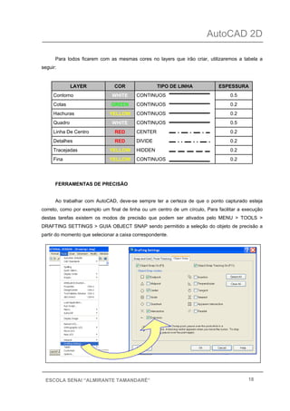 AutoCAD 2D
18ESCOLA SENAI “ALMIRANTE TAMANDARÉ”
Para todos ficarem com as mesmas cores no layers que irão criar, utilizaremos a tabela a
seguir:
LAYER COR TIPO DE LINHA ESPESSURA
Contorno WHITE CONTINUOS 0.5
Cotas GREEN CONTINUOS 0.2
Hachuras YELLOW CONTINUOS 0.2
Quadro WHITE CONTINUOS 0.5
Linha De Centro RED CENTER 0.2
Detalhes RED DIVIDE 0.2
Tracejadas YELLOW HIDDEN 0.2
Fina YELLOW CONTINUOS 0.2
FERRAMENTAS DE PRECISÃO
Ao trabalhar com AutoCAD, deve-se sempre ter a certeza de que o ponto capturado esteja
correto, como por exemplo um final de linha ou um centro de um círculo, Para facilitar a execução
destas tarefas existem os modos de precisão que podem ser ativados pelo MENU > TOOLS >
DRAFTING SETTINGS > GUIA OBJECT SNAP sendo permitido a seleção do objeto de precisão a
partir do momento que selecionar a caixa correspondente.
 