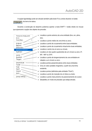 AutoCAD 2D
19ESCOLA SENAI “ALMIRANTE TAMANDARÉ”
A opção liga/desliga pode ser ativado também pela tecla F3 ou ainda clicando no botão
da barra de status.
Durante a construção do desenho podemos apertar a tecla SHIFT + botão direito do mouse
que aparecerá a opção dos objetos de precisão.
• Localiza o ponto extremo de uma entidade (line, arc, pline,
etc);
• Localiza o ponto médio de uma linha ou arco;
• Localiza o ponto de cruzamento entre duas entidades;
• Localiza o ponto de cruzamento virtual entre duas entidades;
• Localiza o centro de um arco ou círculo;
• Localiza um dos quatro quadrantes de um círculo ou arco, 0º,
90º, 180º ou 270º;
• Localiza o ponto de tangenciamento de uma entidade em
relação a um círculo ou arco;
• Localiza pontos perpendiculares entre duas entidades;
• Cria um vetor paralelo imaginário, a partir de uma linha
existente;
• Localiza pontos (definidos pela entidade “Point”);
• Localiza o ponto de inserção de um bloco ou texto;
• Localiza o ponto mais próximo do posicionamento do cursor;
• Desabilita um modo de precisão que esteja ativado.
 