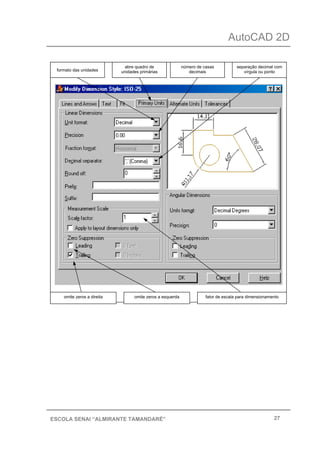 AutoCAD 2D
27ESCOLA SENAI “ALMIRANTE TAMANDARÉ”
formato das unidades
abre quadro de
unidades primárias
número de casas
decimais
separação decimal com
vírgula ou ponto
omite zeros a direita fator de escala para dimensionamentoomite zeros a esquerda
 