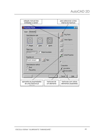 AutoCAD 2D
45ESCOLA SENAI “ALMIRANTE TAMANDARÉ”
para selecionar a área
interna da hachura
seleção manual das
entidades a serem
aproveita as propriedades
de uma hachura já
utilizada
hachuras com vários
elementos (explodida)
hachuras de
um elemento
 
