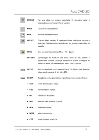 AutoCAD 2D
70ESCOLA SENAI “ALMIRANTE TAMANDARÉ”
MIRROR Faz uma cópia em imagem espelhada. É necessário saber a
localização geométrica da linha de espelho.
MOVE Move um ou vários objetos.
NEW Início de um desenho novo.
OFFSET Cria um objeto paralelo. É usado em linhas, retângulos, círculos e
polilinhas. Pede-se primeiro a distância e em seguida o lado (side) do
paralelo.
OPEN Abre um desenho existente (Menu - File - Open).
OPTIONS Configuração do AutoCAD, tais como cores de tela, plotters e
impressoras a serem utilizados, tamanho de cursor e setagem de
periféricos. Pode ser acessado pelo menu Tools - Options.
ORTHO Ativa ou desativa o modo ortogonal (tecla F8). Usado para desenhar
linhas com ângulos de 0, 90, 180 e 270°.
OSNAP Seleção de pontos geométricos específicos em um objeto. Opções:
• CEN centro de círculos ou arcos.
• END extremidade de objetos.
• INT intersecção de objetos.
• MID ponto do meio de linhas ou arcos.
• NEA próximo ao cursor.
• NODE seleciona um ponto.
• PER perpendicular a uma linha.
 