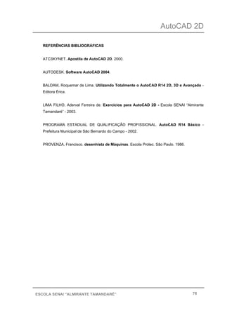AutoCAD 2D
78ESCOLA SENAI “ALMIRANTE TAMANDARÉ”
REFERÊNCIAS BIBLIOGRÁFICAS
ATCSKYNET. Apostila de AutoCAD 2D. 2000.
AUTODESK. Software AutoCAD 2004.
BALDAM, Roquemar de Lima. Utilizando Totalmente o AutoCAD R14 2D, 3D e Avançado -
Editora Érica.
LIMA FILHO, Aderval Ferreira de. Exercícios para AutoCAD 2D - Escola SENAI “Almirante
Tamandaré” - 2003.
PROGRAMA ESTADUAL DE QUALIFICAÇÃO PROFISSIONAL. AutoCAD R14 Básico -
Prefeitura Municipal de São Bernardo do Campo - 2002.
PROVENZA, Francisco. desenhista de Máquinas. Escola Protec. São Paulo. 1986.
 