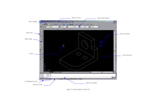 Figura 1-2:: Área de trabalho do AutoCAD
Coordenadas do cursor
Barra de Estado
Barra de menus
Cursor
Barra Draw
Barra Modify
Barra Standard
Barra Object Properties
Pontos de grelha
Área de desenho
Linha de comandos
 