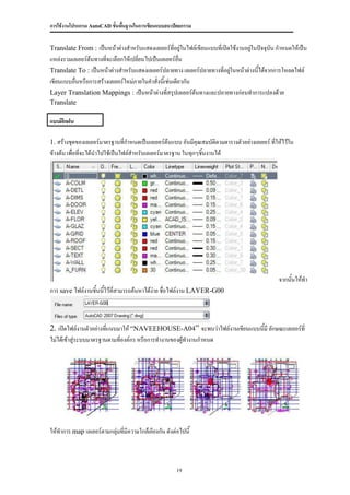 การใช้งานโปรแกรม AutoCAD ขั้นพื้นฐานในการเขียนแบบสถาปัตยกรรม


Translate From : เป็นหน้าต่างสาหรับแสดงเลเยอร์ที่อยู่ในไฟล์เขียนแบบที่เปิดใช้งานอยูในปัจจุบัน กาหนดให้เป็น
                                                                                   ่
แหล่งรวมเลเยอร์ต้นทางที่จะเลือกให้เปลี่ยนไปเป็นเลเยอร์อน
                                                       ื่
Translate To : เป็นหน้าต่างสาหรับแสดงเลเยอร์ปลายทาง เลเยอร์ปลายทางที่อยูในหน้าต่างนี้ได้จากการโหลดไฟล์
                                                                        ่
เขียนแบบอืนหรือการสร้างเลเยอร์ใหม่ภายในคาสั่งนี้เช่นเดียวกัน
          ่
Layer Translation Mappings : เป็นหน้าต่างที่สรุปเลเยอร์ต้นทางและปลายทางก่อนทาการแปลงด้วย
Translate

แบบฝึกฝน

1. สร้างชุดของเลเยอร์มาตรฐานที่กาหนดเป็นเลเยอร์ต้นแบบ อันมีคุณสมบัติตามตารางตัวอย่างเลเยอร์ ที่ให้ไว้ใน
ข้างต้น เพื่อที่จะได้นาไปใช้เป็นไฟล์สาหรับเลเยอร์มาตรฐาน ในทุกๆชิ้นงานได้




                                                                                                จากนั้นให้ทา
การ save ไฟล์งานชิ้นนี้ไว้ที่สามารถค้นหาได้ง่าย ชื่อไฟล์งาน LAYER-G00



2. เปิดไฟล์งานตัวอย่างที่แนบมาให้ “NAVEEHOUSE-A04” จะพบว่าไฟล์งานเขียนแบบนีมี ลักษณะเลเยอร์ที่
                                                                           ้
ไม่ได้เข้าสู่ระบบมาตรฐานตามทีองค์กร หรือการทางานของผู้ทางานกาหนด
                             ่




ให้ทาการ map เลเยอร์ตามกลุ่มที่มีความใกล้เคียงกัน ดังต่อไปนี้



                                                       19
 