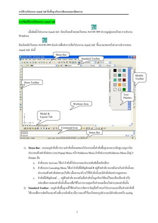 การใช้งานโปรแกรม AutoCAD ขั้นพื้นฐานในการเขียนแบบสถาปัตยกรรม


การเรียกใช้งานโปรแกรม AutoCAD

         เมื่อติดตั้งโปรแกรม AutoCAD เรียบร้อยแล้วจะพบไอคอน                       ปรากฎอยู่บนหน้าจอ การทางาน
Windows


ดับเบิลคลิกไอคอน                ดังกล่าวเพื่อทาการเปิดโปรแกรม AutoCAD ขึ้นมาจะพบหน้าต่างการทางานของ
AutoCAD ดังนี้
                                    Menu Bar
                                                              Standard Toolbar




                                                                                                                      Modify
                                                                                                                      Toolbar
    Draw Toolbar



                                                                                                        Tool
                                                                                                        Palettes

                                                     Working Area


                    Model &
                    Layout Tab



                                          Command Line
                                                                     Status Bar




    1) Menu Bar : แถบเมนูคาสั่งที่รวบรวมคาสั่งทั้งหมดของโปรแกรมทั้งคาสั่งพื้นฐานและระดับสูง เมนูบาร์จะ
         ประกอบด้วยคาสั่งย่อยๆ แบบ Popup Menu หรือ Pulldown Menu คาสั่งต่างๆบนPulldown Menu มีอยู่ 3
         ลักษณะ คือ
              a. คาสั่งแบบ Activate ได้แก่ คาสั่งที่โปรแกรมจะทางานทันทีเมื่อคลิกเลือก
              b. คาสั่งแบบ Cascading Menu ได้แก่ คาสั่งที่มีสัญลักษณ์  อยู่ท้ายคาสั่ง หมายถึงภายในคาสั่งนั้นจะ
                   ประกอบด้วยคาสั่งย่อยๆลงไปอีก เมื่อเอาเมาส์วางไว้ที่คาสั่งนั้นจะมีคาสั่งย่อยปรากฏออกมา
              c. คาสั่งที่มีสัญลักษณ์ ..... อยู่ท้ายคาสั่ง หมายถึงเมื่อคาสั่งนั้นถูกเรียกใช้จะมีไดอะล๊อกบ๊อกซ์ หรือ
                   กล่องข้อความของคาสั่งนั้นขึ้นมาเพื่อใช้ในการควบคุมหรือกาหนดเงื่อนไขต่างๆของคาสั่งนั้น
    2)   Standard Toolbar : เมนูคาสั่งพื้นฐานที่ใช้ช่วยในการจัดการวัตถุที่สร้างจากโปรแกรมและเป็นส่วนคาสั่งที่
         ใช้งานเพื่อการจัดเก็บและสร้างชินงานอีกด้วย เมื่อวางเมาส์ไว้บนไอคอนรูปต่างๆจะมีคาอธิบายหรือ tooltip
                                          ้




                                                         2
 