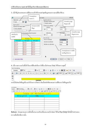 การใช้งานโปรแกรม AutoCAD ขั้นพื้นฐานในการเขียนแบบสถาปัตยกรรม


3. เมื่อได้รูปแบบของตารางทีต้องการแล้วให้กาหนดค่าชุดข้อมูลของตารางตามที่ต้องใช้งาน
                           ่
                              กาหนดรูปแบบ
                              ของตาราง
                                                                                        กาหนดจานวนชุด
                                                                                        ข้อมูลแนวตั้ง
                                  กาหนดการนาเข้า
                                  ข้อมูล

                                                                                                    กาหนดจานวนชุด
แสดงตัวอย่าง                                                                                        ข้อมูลแนวนอน
ผลลัพธ์




                                                                                    กาหนดรูปแบบการวางชนิด
                                                                                    ของข้อมูลในตาราง




4. เมื่อวางตารางลงในพื้นที่ สิ่งแรกที่ต้องทาคือการใส่ชื่อ หรือกาหนด Title ให้กับตารางชุดนี้




จากนั้นจึงค่อยใส่ข้อมูลอื่นๆลงไปในตารางโดยการ ดับเบิ้ลคลิกทีช่องของตารางทีต้องการใส่ข้อมูลลงไป
                                                            ่             ่




ข้อสังเกต : ลักษณะของตารางทีเ่ กิดขึ้นสามารถปรับเปลี่ยนขนาดหรือ ตัดต่อ ได้โดยใช้จด Grip ที่เกิดขึ้นในส่วนของ
                                                                                 ุ
ตารางเมื่อเลือกที่ตารางนั้น



                                                        84
 