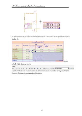 การใช้งานโปรแกรม AutoCAD ขั้นพื้นฐานในการเขียนแบบสถาปัตยกรรม




4. จะเห็นว่าตารางที่ได้จากการเชื่อมโยงมีการ ล๊อก ค่าในตารางไว้ หากต้องการแก้ไขค่าต่างๆภายในตารางต้องการ
ปลดล๊อก นั้น




                                                                                             โดยใช้
เครื่องมือ Table Toolbar ดังกล่าว


และค่าที่แก้ไขก็จะมีผลกระทบต่อความเปลี่ยนแปลงทีเ่ ห็นอย่างชัดเจน และสามารถเชื่อมโยงข้อมูลกลับไปยังไฟล์
ต้นแบบได้ เป็นลักษณะของการ อัพเดต ข้อมูลไปพร้อมๆกัน




                                                     87
 