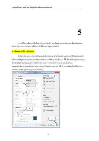 การใช้งานโปรแกรม AutoCAD ขั้นพื้นฐานในการเขียนแบบสถาปัตยกรรม




                                                                                                 5
       ในบทนี้เป็นการเขียนแบบต่อเนื่องในส่วนของการเก็บรายละเอียดทางงานสถาปัตยกรรม ซึ่งจะมีผลต่อการ
กาหนดวัสดุ และการกาหนดขนาดสิ่งต่างๆเพื่อใช้ในการควบคุมแบบก่อสร้าง

การเพิ่มลวดลายให้กบงานเขียนแบบ
                  ั

         ปกติการเพิ่มลวดลายให้กับงานเขียนแบบจะเป็นกระบวนการ ในขันตอนท้ายๆก่อนการใส่เส้นบอกระยะเพื่อ
                                                                ้
เตรียมการใส่สัญลักษณ์แบบต่างๆ การใส่ลวดลายให้กับแบบที่เขียนจะใช้คาสั่ง Hatch  ซึ่งการใช้การส่าลวดลายแบบ
ต้องเข้าใจสัญลักษณ์วัสดุแบบต่างๆโดยให้อ้างอิงจากมาตรฐานการเขียนแบบก่อสร้างสถาปัตยกรรม
การจัดการคาสั่งใส่ลวดลายมีขั้นตอนในการจัดการดังนี้ เลือกใช้คาสั่ง Hatch   จะได้ ไดอะล๊อกบ๊อกซ์ ขึ้นมาใช้ใน
การจัดการลวดลาย รูปแบบ ขนาดและตัวเลือกต่างๆ




                                                       88
 
