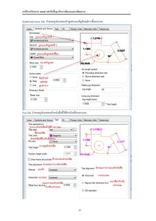 การใช้งานโปรแกรม AutoCAD ขั้นพื้นฐานในการเขียนแบบสถาปัตยกรรม


Symbol and Arrow Tab : กาหนดรูปแบบของหัวลูกศรและสัญลักษณ์การชี้บอกระยะ




Text Tab: กาหนดรูปแบบของตัวหนังสือทีใช้สาหรับเส้นบอกระยะ
                                    ่




                                                     95
 