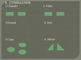 4. COMMANDS
1.Chamfer 2. Fillet
3.Extend 4. Join
5.Copy 6. Mirror
 