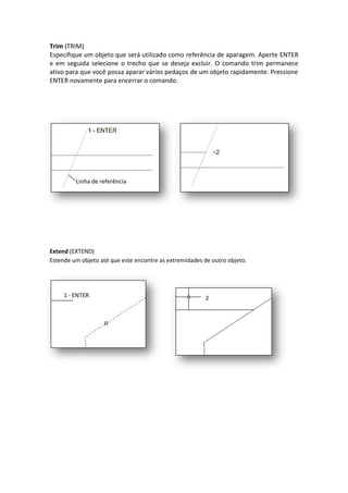 Trim (TRIM)
Especifique um objeto que será utilizado como referência de aparagem. Aperte ENTER
e em seguida selecione o trecho que se deseja excluir. O comando trim permanece
ativo para que você possa aparar vários pedaços de um objeto rapidamente. Pressione
ENTER novamente para encerrar o comando.
Extend (EXTEND)
Estende um objeto até que este encontre as extremidades de outro objeto.
Linha de referência
1 - ENTER 2
 