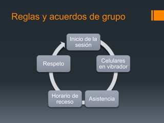 Reglas y acuerdos de grupo
Inicio de la
sesión
Celulares
en vibrador
Asistencia
Horario de
receso
Respeto
 