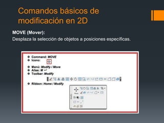 Comandos básicos de
modificación en 2D
MOVE (Mover):
Desplaza la selección de objetos a posiciones específicas.
 