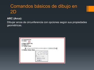Comandos básicos de dibujo en
2D
ARC (Arco):
Dibujar arcos de circunferencia con opciones según sus propiedades
geométrica...