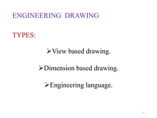 ENGINEERING DRAWING
TYPES:
View based drawing.
Dimension based drawing.
Engineering language.
10
 