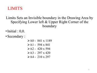 LIMITS
Limits Sets an Invisible boundary in the Drawing Area by
Specifying Lower left & Upper Right Corner of the
boundary
•Initial : 0,0.
•Secondary :
A0 - 841 x 1189
A1 - 594 x 841
A2 - 420 x 594
A3 - 297 x 420
A4 - 210 x 297
12
 