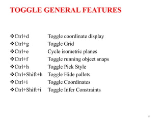 TOGGLE GENERAL FEATURES
Ctrl+d Toggle coordinate display
Ctrl+g Toggle Grid
Ctrl+e Cycle isometric planes
Ctrl+f Toggle running object snaps
Ctrl+h Toggle Pick Style
Ctrl+Shift+h Toggle Hide pallets
Ctrl+i Toggle Coordinates
Ctrl+Shift+i Toggle Infer Constraints
23
 