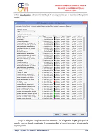 Design Engineer. Víctor Franz Alcántara Portal 131
pestaña Visualización y activamos la visibilidad de las componentes que se muestran en la siguiente
imagen:
Luego de configurar las opciones visuales anteriores, Click en Aplicar > Aceptar, para guardar
todos los cambios, ahora la visualización de secciones quedará tal como se muestra en la imagen de la
página siguiente:
 