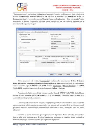 Design Engineer. Víctor Franz Alcántara Portal 139
“Valor de columna” por justificación Centro en la pestaña Formato, modificamos el título principal de
la tabla de Material(s) at Station <Valor de P.K. de línea de muestreo> por KM <Valor de P.K. de
línea de muestreo> y los encabezados de Material Name por Explanación y Area por Área (m²), para
finalmente, la pestaña Propiedades de datos quede configurada con los valores y opciones que se
muestran en la siguiente imagen.
Ahora, pasaremos a la pestaña Visualización y ocultamos las componentes: Relleno de área de
título, Relleno del área de encabezado y Relleno del área de datos, dejando el resto de componentes
activadas con las capas C-ANNO-TABL-TTBL para los Separadores y Divisor de datos y C-ANNO-
TABL-TEXT para las componentes de texto, finalmente Aplicar > Aceptar.
Paralelamente, habrá que redefinir los valores de las Capas C-ANNO-TABL-TTBL (Color Blanco
Grosor de línea 0.18 mm) y C-ANNO-TABL-TEXT (Color Blanco y Grosor de línea 0.20 mm) en el
Administrador de propiedades de capa.
Como se puede observar en la imagen de la página siguiente, la ubicación de la tabla de reportes
de áreas de corte, relleno y estructuras es relativa con respecto a la ubicación de la sección transversal,
pudiendo deslizarla para una mejor presentación al seleccionar la tabla y arrastrarla hasta una nueva
ubicación.
También, se puede mencionar que su presentación dependerá de las entidades de superficie
intersectadas y de las estructuras de obras lineales que impliquen su creación, siendo opcional su
tabulado o no según las entidades a las que se presente el proyecto.
 