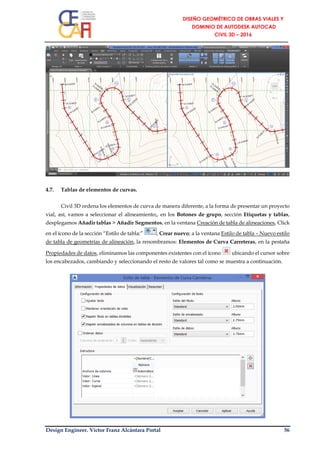 Design Engineer. Víctor Franz Alcántara Portal 56
4.7. Tablas de elementos de curvas.
Civil 3D ordena los elementos de curva de manera diferente, a la forma de presentar un proyecto
vial, así, vamos a seleccionar el alineamiento;, en los Botones de grupo, sección Etiquetas y tablas,
desplegamos Añadir tablas > Añadir Segmentos, en la ventana Creación de tabla de alineaciones, Click
en el ícono de la sección “Estilo de tabla:” , Crear nuevo; a la ventana Estilo de tabla – Nuevo estilo
de tabla de geometrías de alineación, la renombramos: Elementos de Curva Carreteras, en la pestaña
Propiedades de datos, eliminamos las componentes existentes con el ícono ubicando el cursor sobre
los encabezados, cambiando y seleccionando el resto de valores tal como se muestra a continuación.
 