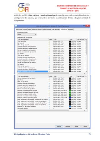 Design Engineer. Víctor Franz Alcántara Portal 70
rejilla del perfil > Editar estilo de visualización del perfil, nos ubicamos en la pestaña Visualización y
configuramos los valores, que se muestran divididos a continuación debido a la gran cantidad de
componentes.
 