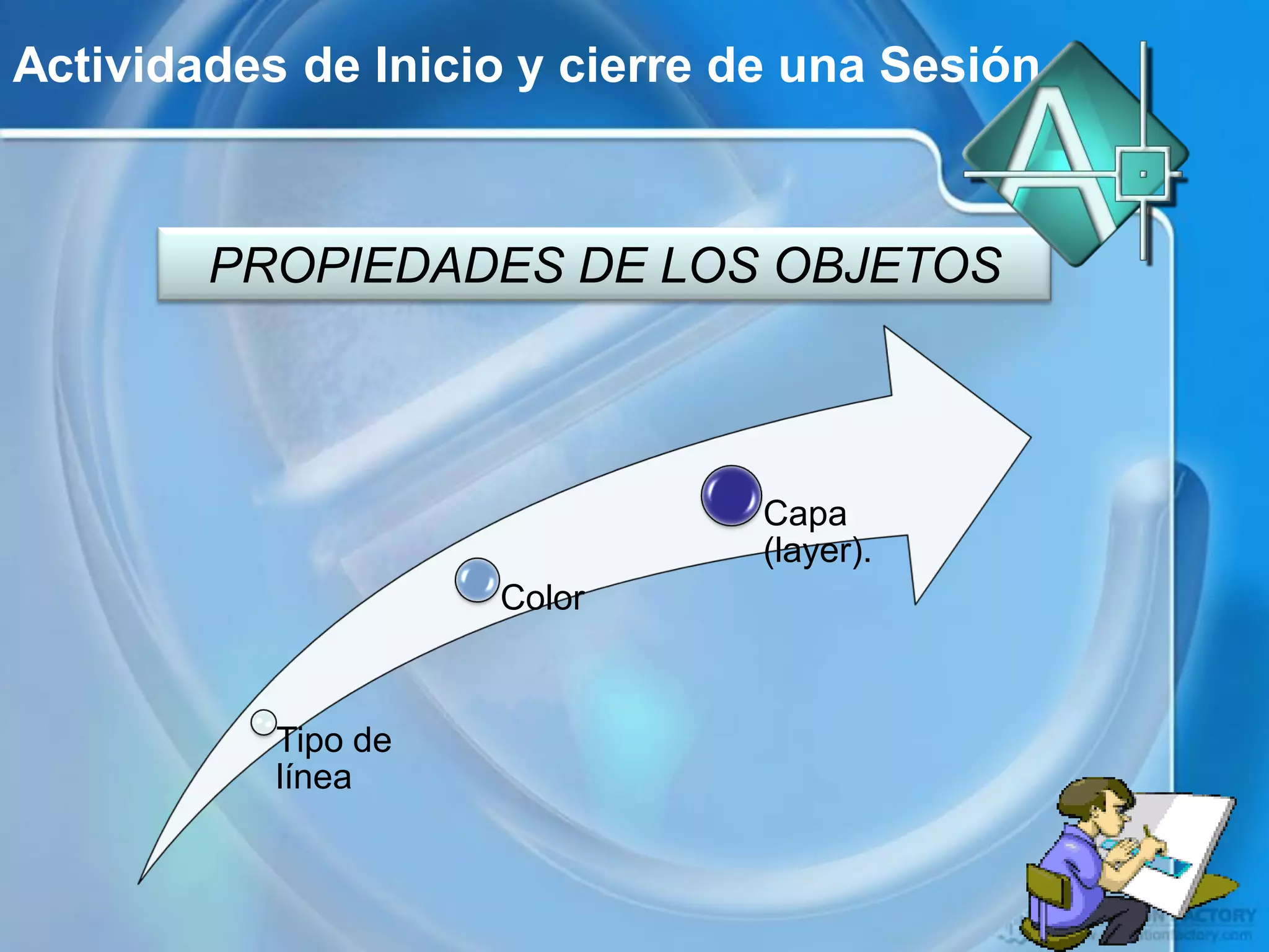 Actividades de Inicio y cierre de una Sesión



        PROPIEDADES DE LOS OBJETOS



                                Capa
                                (layer).
                     Color



           Tipo de
           línea
 
