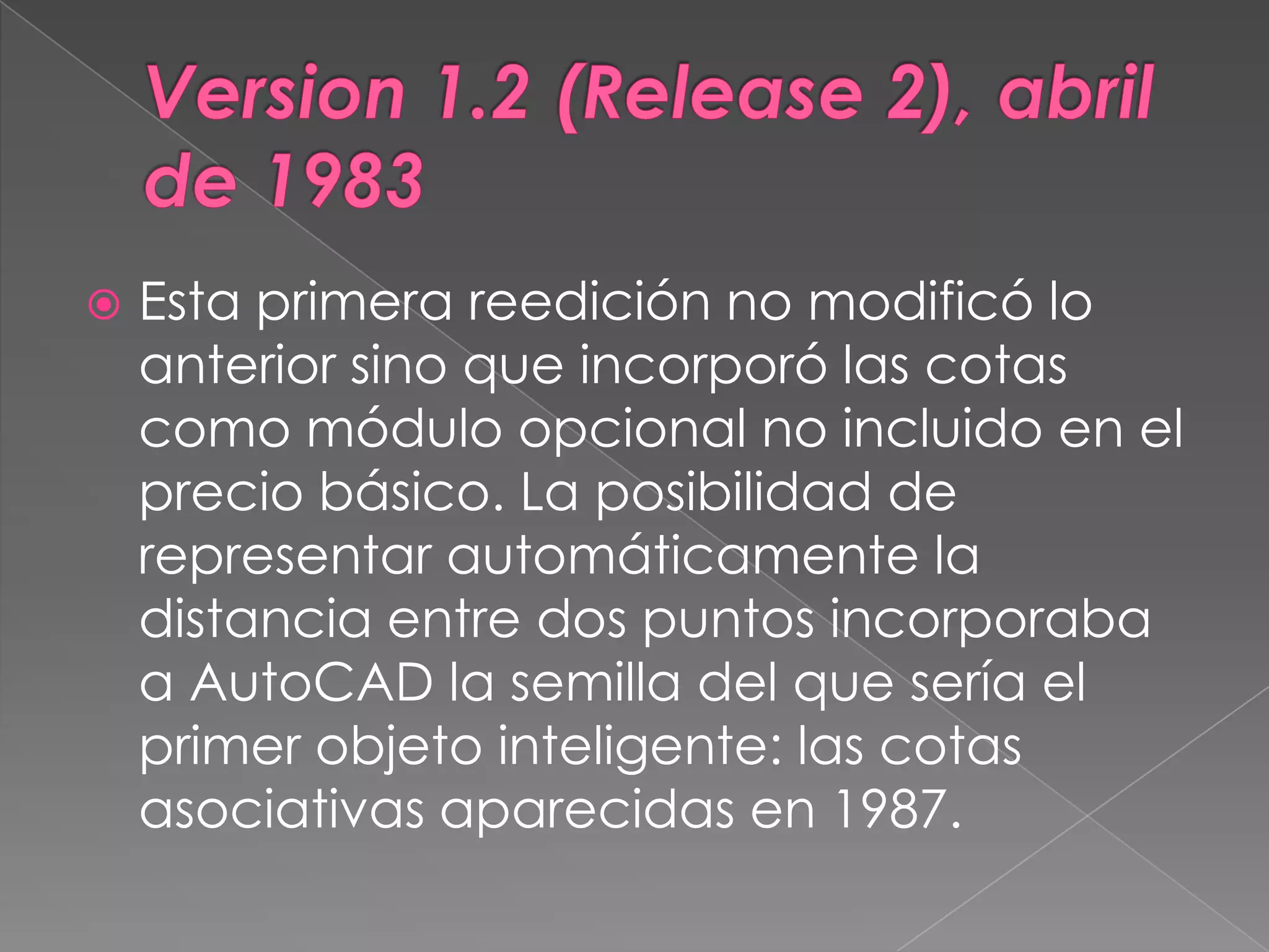 Version 1.2 (Release 2), abril de 1983Esta primera reedición no modificó lo anterior sino que incorporó las cotas como módulo opcional no incluido en el precio básico. La posibilidad de representar automáticamente la distancia entre dos puntos incorporaba a AutoCAD la semilla del que sería el primer objeto inteligente: las cotas asociativas aparecidas en 1987.