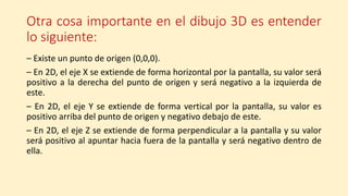 Otra cosa importante en el dibujo 3D es entender
lo siguiente:
– Existe un punto de origen (0,0,0).
– En 2D, el eje X se extiende de forma horizontal por la pantalla, su valor será
positivo a la derecha del punto de origen y será negativo a la izquierda de
este.
– En 2D, el eje Y se extiende de forma vertical por la pantalla, su valor es
positivo arriba del punto de origen y negativo debajo de este.
– En 2D, el eje Z se extiende de forma perpendicular a la pantalla y su valor
será positivo al apuntar hacia fuera de la pantalla y será negativo dentro de
ella.
 