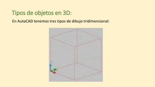 Tipos de objetos en 3D:
En AutoCAD tenemos tres tipos de dibujo tridimensional:
 