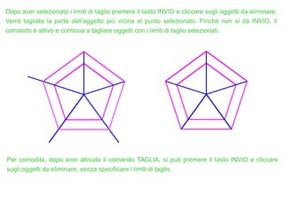 Dopo aver selezionato i limiti di taglio premere il tasto INVIO e cliccare sugli oggetti da eliminare.
Verrà tagliata la parte dell’oggetto più vicina al punto selezionato. Finché non si dà INVIO, il
comando è attivo e continua a tagliare oggetti con i limiti di taglio selezionati.
Per comodità, dopo aver attivato il comando TAGLIA, si può premere il tasto INVIO e cliccare
sugli oggetti da eliminare, senza specificare i limiti di taglio.
 