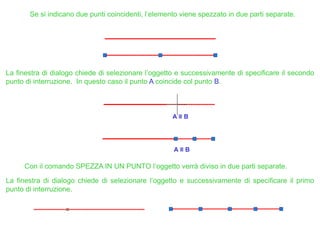 Se si indicano due punti coincidenti, l’elemento viene spezzato in due parti separate.
La finestra di dialogo chiede di selezionare l’oggetto e successivamente di specificare il secondo
punto di interruzione. In questo caso il punto A coincide col punto B.
A ≡ B
A ≡ B
Con il comando SPEZZA IN UN PUNTO l’oggetto verrà diviso in due parti separate.
La finestra di dialogo chiede di selezionare l’oggetto e successivamente di specificare il primo
punto di interruzione.
 
