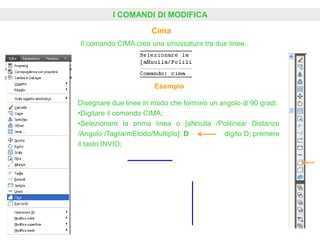 I COMANDI DI MODIFICA
Cima
Il comando CIMA crea una smussatura tra due linee.
Esempio
Disegnare due linee in modo che formino un angolo di 90 gradi.
•Digitare il comando CIMA;
•Selezionare la prima linea o [aNnulla /Polilinea/ Distanze
/Angolo /Taglia/mEtodo/Multiplo]: D digito D; premere
il tasto INVIO;
 
