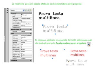 Le modifiche possono essere effettuate anche dalla tabella delle proprietà.
Si possono applicare le proprietà del testo selezionato agli
altri testi attraverso la Corrispondenza con proprietà.
 