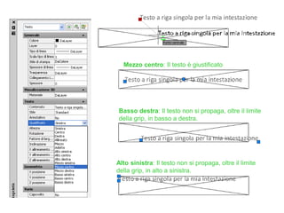 Mezzo centro: Il testo è giustificato
Basso destra: Il testo non si propaga, oltre il limite
della grip, in basso a destra.
Alto sinistra: Il testo non si propaga, oltre il limite
della grip, in alto a sinistra.
 
