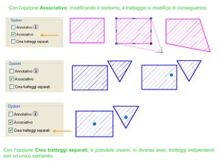 Con l’opzione Associativo, modificando il contorno, il tratteggio si modifica di conseguenza.
Con l’opzione Crea tratteggi separati, è possibile creare, in diverse aree, tratteggi indipendenti
con un unico comando.
 