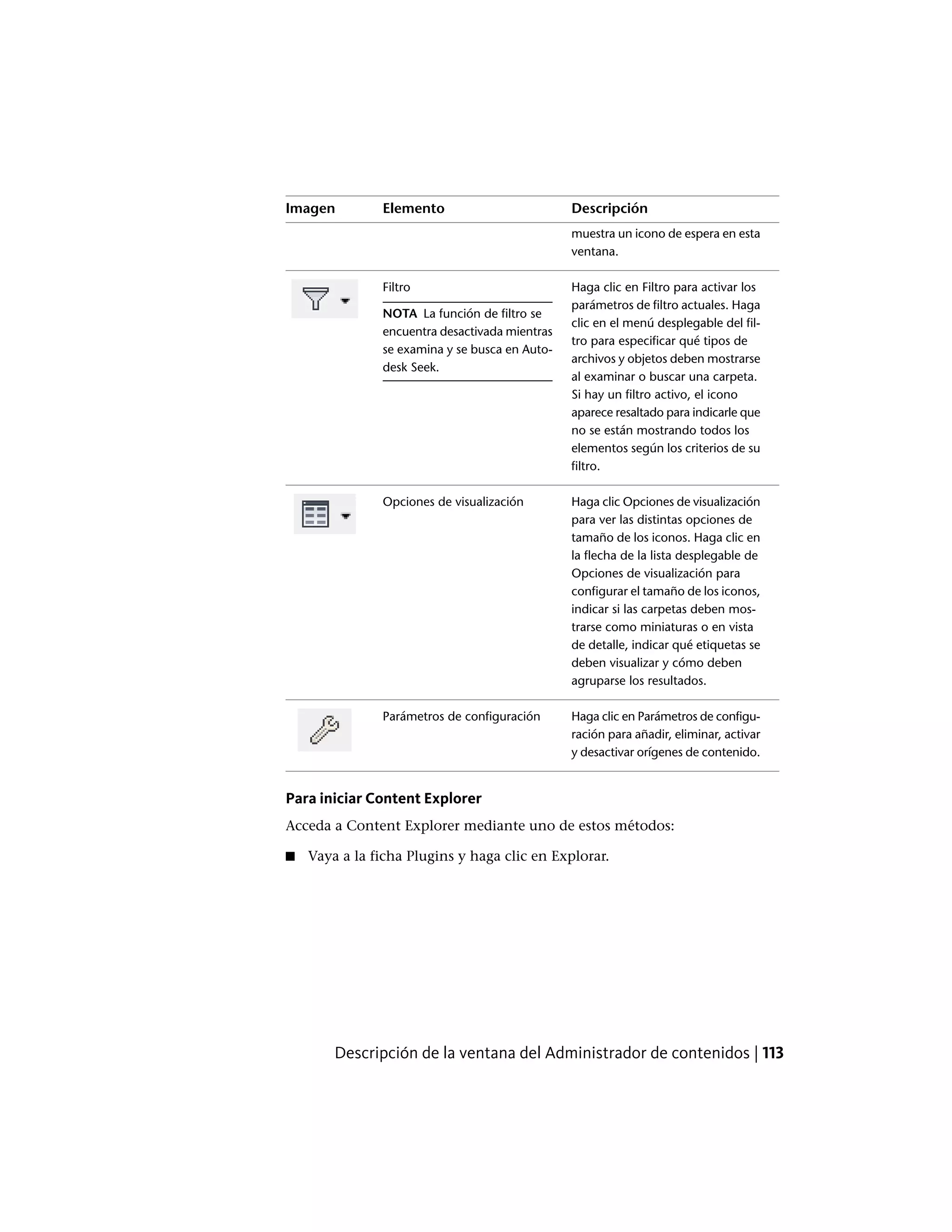 DescripciónElementoImagen
muestra un icono de espera en esta
ventana.
Haga clic en Filtro para activar los
parámetros de filtro actuales. Haga
Filtro
NOTA La función de filtro se
encuentra desactivada mientras
se examina y se busca en Auto-
desk Seek.
clic en el menú desplegable del fil-
tro para especificar qué tipos de
archivos y objetos deben mostrarse
al examinar o buscar una carpeta.
Si hay un filtro activo, el icono
aparece resaltado para indicarle que
no se están mostrando todos los
elementos según los criterios de su
filtro.
Haga clic Opciones de visualización
para ver las distintas opciones de
Opciones de visualización
tamaño de los iconos. Haga clic en
la flecha de la lista desplegable de
Opciones de visualización para
configurar el tamaño de los iconos,
indicar si las carpetas deben mos-
trarse como miniaturas o en vista
de detalle, indicar qué etiquetas se
deben visualizar y cómo deben
agruparse los resultados.
Haga clic en Parámetros de configu-
ración para añadir, eliminar, activar
y desactivar orígenes de contenido.
Parámetros de configuración
Para iniciar Content Explorer
Acceda a Content Explorer mediante uno de estos métodos:
■ Vaya a la ficha Plugins y haga clic en Explorar.
Descripción de la ventana del Administrador de contenidos | 113
 