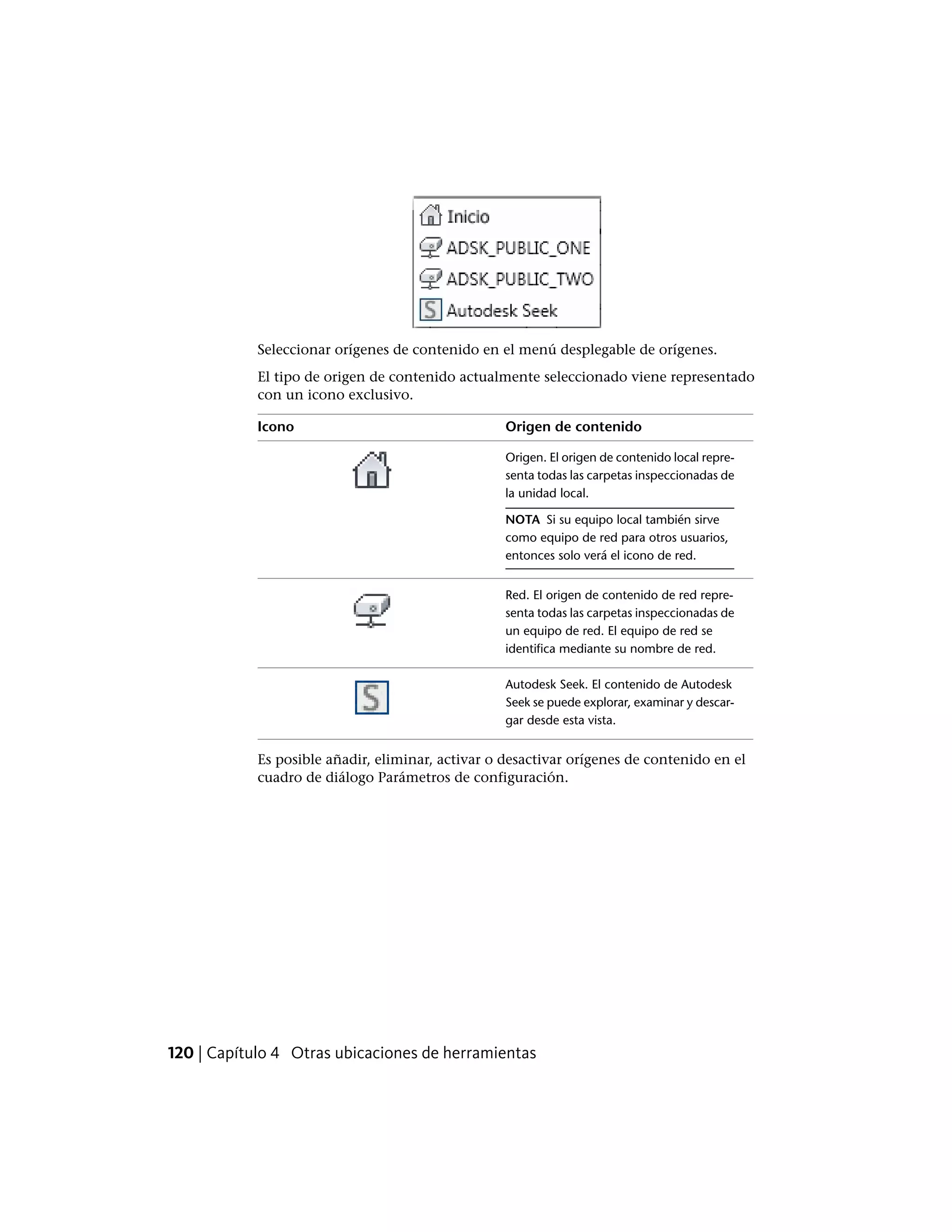 Seleccionar orígenes de contenido en el menú desplegable de orígenes.
El tipo de origen de contenido actualmente seleccionado viene representado
con un icono exclusivo.
Origen de contenidoIcono
Origen. El origen de contenido local repre-
senta todas las carpetas inspeccionadas de
la unidad local.
NOTA Si su equipo local también sirve
como equipo de red para otros usuarios,
entonces solo verá el icono de red.
Red. El origen de contenido de red repre-
senta todas las carpetas inspeccionadas de
un equipo de red. El equipo de red se
identifica mediante su nombre de red.
Autodesk Seek. El contenido de Autodesk
Seek se puede explorar, examinar y descar-
gar desde esta vista.
Es posible añadir, eliminar, activar o desactivar orígenes de contenido en el
cuadro de diálogo Parámetros de configuración.
120 | Capítulo 4 Otras ubicaciones de herramientas
 