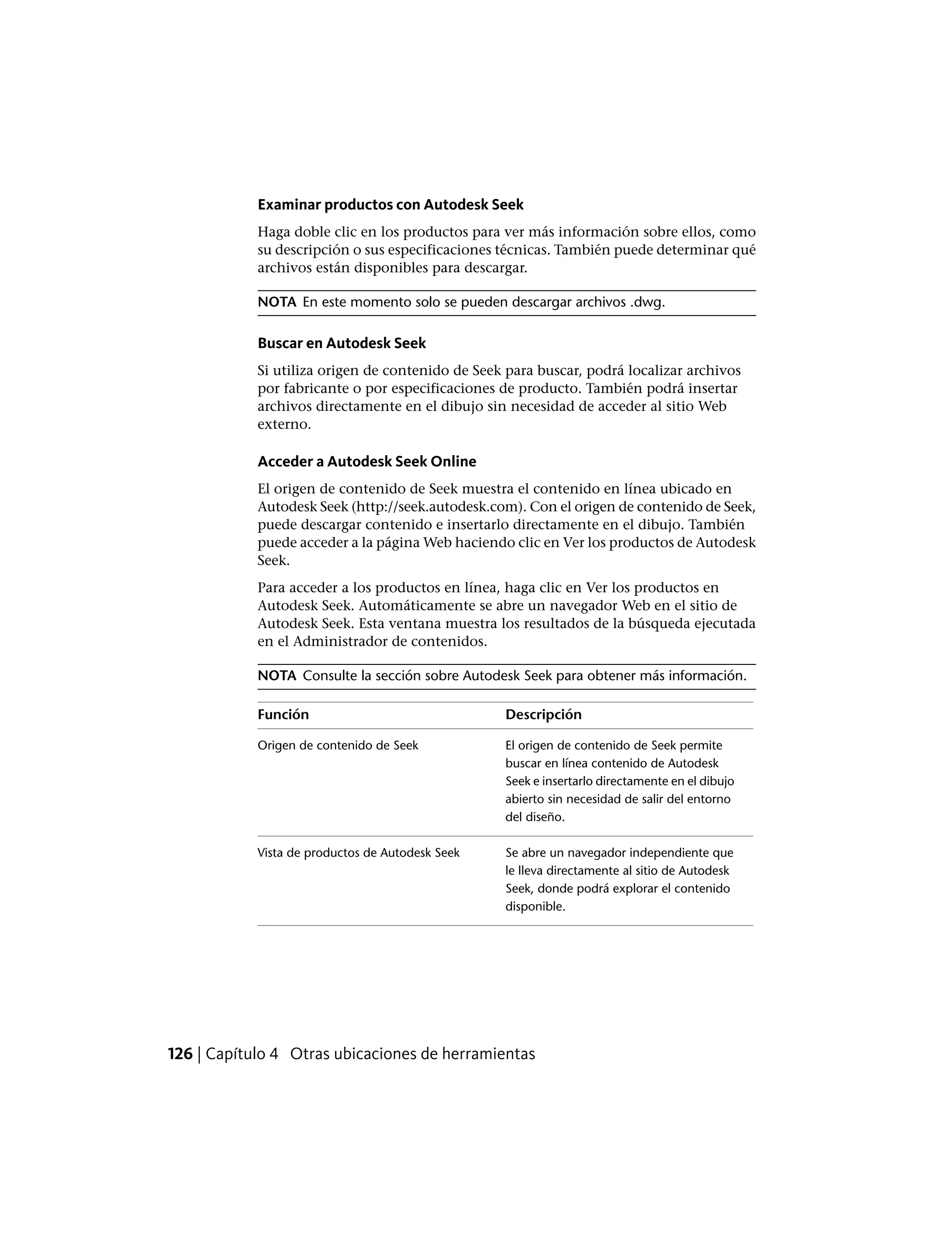 Examinar productos con Autodesk Seek
Haga doble clic en los productos para ver más información sobre ellos, como
su descripción o sus especificaciones técnicas. También puede determinar qué
archivos están disponibles para descargar.
NOTA En este momento solo se pueden descargar archivos .dwg.
Buscar en Autodesk Seek
Si utiliza origen de contenido de Seek para buscar, podrá localizar archivos
por fabricante o por especificaciones de producto. También podrá insertar
archivos directamente en el dibujo sin necesidad de acceder al sitio Web
externo.
Acceder a Autodesk Seek Online
El origen de contenido de Seek muestra el contenido en línea ubicado en
Autodesk Seek (http://seek.autodesk.com). Con el origen de contenido de Seek,
puede descargar contenido e insertarlo directamente en el dibujo. También
puede acceder a la página Web haciendo clic en Ver los productos de Autodesk
Seek.
Para acceder a los productos en línea, haga clic en Ver los productos en
Autodesk Seek. Automáticamente se abre un navegador Web en el sitio de
Autodesk Seek. Esta ventana muestra los resultados de la búsqueda ejecutada
en el Administrador de contenidos.
NOTA Consulte la sección sobre Autodesk Seek para obtener más información.
DescripciónFunción
El origen de contenido de Seek permite
buscar en línea contenido de Autodesk
Origen de contenido de Seek
Seek e insertarlo directamente en el dibujo
abierto sin necesidad de salir del entorno
del diseño.
Se abre un navegador independiente que
le lleva directamente al sitio de Autodesk
Vista de productos de Autodesk Seek
Seek, donde podrá explorar el contenido
disponible.
126 | Capítulo 4 Otras ubicaciones de herramientas
 