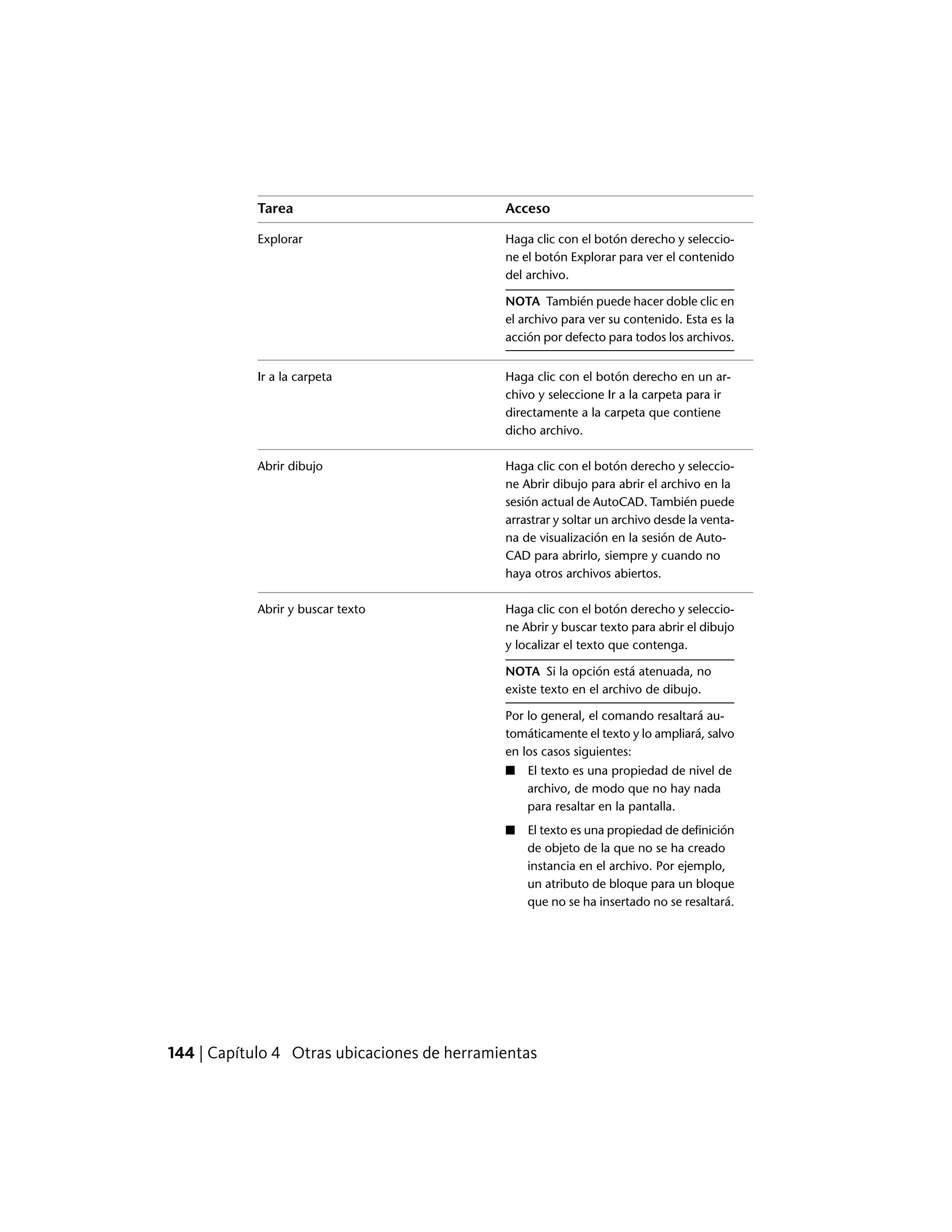 AccesoTarea
Haga clic con el botón derecho y seleccio-
ne el botón Explorar para ver el contenido
del archivo.
Explorar
NOTA También puede hacer doble clic en
el archivo para ver su contenido. Esta es la
acción por defecto para todos los archivos.
Haga clic con el botón derecho en un ar-
chivo y seleccione Ir a la carpeta para ir
Ir a la carpeta
directamente a la carpeta que contiene
dicho archivo.
Haga clic con el botón derecho y seleccio-
ne Abrir dibujo para abrir el archivo en la
Abrir dibujo
sesión actual de AutoCAD. También puede
arrastrar y soltar un archivo desde la venta-
na de visualización en la sesión de Auto-
CAD para abrirlo, siempre y cuando no
haya otros archivos abiertos.
Haga clic con el botón derecho y seleccio-
ne Abrir y buscar texto para abrir el dibujo
y localizar el texto que contenga.
Abrir y buscar texto
NOTA Si la opción está atenuada, no
existe texto en el archivo de dibujo.
Por lo general, el comando resaltará au-
tomáticamente el texto y lo ampliará, salvo
en los casos siguientes:
■ El texto es una propiedad de nivel de
archivo, de modo que no hay nada
para resaltar en la pantalla.
■ El texto es una propiedad de definición
de objeto de la que no se ha creado
instancia en el archivo. Por ejemplo,
un atributo de bloque para un bloque
que no se ha insertado no se resaltará.
144 | Capítulo 4 Otras ubicaciones de herramientas
 
