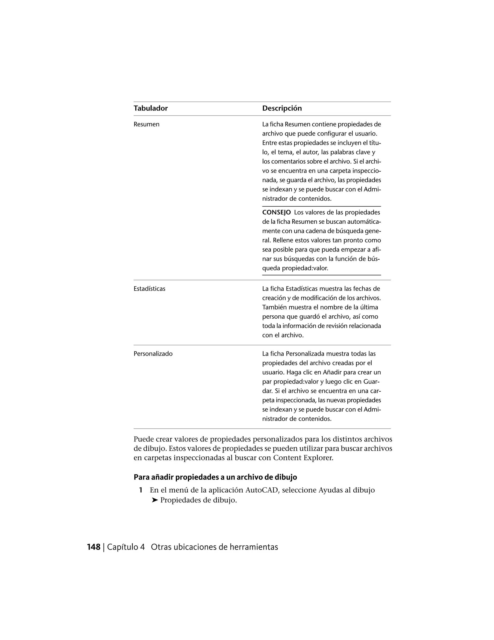 DescripciónTabulador
La ficha Resumen contiene propiedades de
archivo que puede configurar el usuario.
Resumen
Entre estas propiedades se incluyen el títu-
lo, el tema, el autor, las palabras clave y
los comentarios sobre el archivo. Si el archi-
vo se encuentra en una carpeta inspeccio-
nada, se guarda el archivo, las propiedades
se indexan y se puede buscar con el Admi-
nistrador de contenidos.
CONSEJO Los valores de las propiedades
de la ficha Resumen se buscan automática-
mente con una cadena de búsqueda gene-
ral. Rellene estos valores tan pronto como
sea posible para que pueda empezar a afi-
nar sus búsquedas con la función de bús-
queda propiedad:valor.
La ficha Estadísticas muestra las fechas de
creación y de modificación de los archivos.
Estadísticas
También muestra el nombre de la última
persona que guardó el archivo, así como
toda la información de revisión relacionada
con el archivo.
La ficha Personalizada muestra todas las
propiedades del archivo creadas por el
Personalizado
usuario. Haga clic en Añadir para crear un
par propiedad:valor y luego clic en Guar-
dar. Si el archivo se encuentra en una car-
peta inspeccionada, las nuevas propiedades
se indexan y se puede buscar con el Admi-
nistrador de contenidos.
Puede crear valores de propiedades personalizados para los distintos archivos
de dibujo. Estos valores de propiedades se pueden utilizar para buscar archivos
en carpetas inspeccionadas al buscar con Content Explorer.
Para añadir propiedades a un archivo de dibujo
1 En el menú de la aplicación AutoCAD, seleccione Ayudas al dibujo
➤ Propiedades de dibujo.
148 | Capítulo 4 Otras ubicaciones de herramientas
 