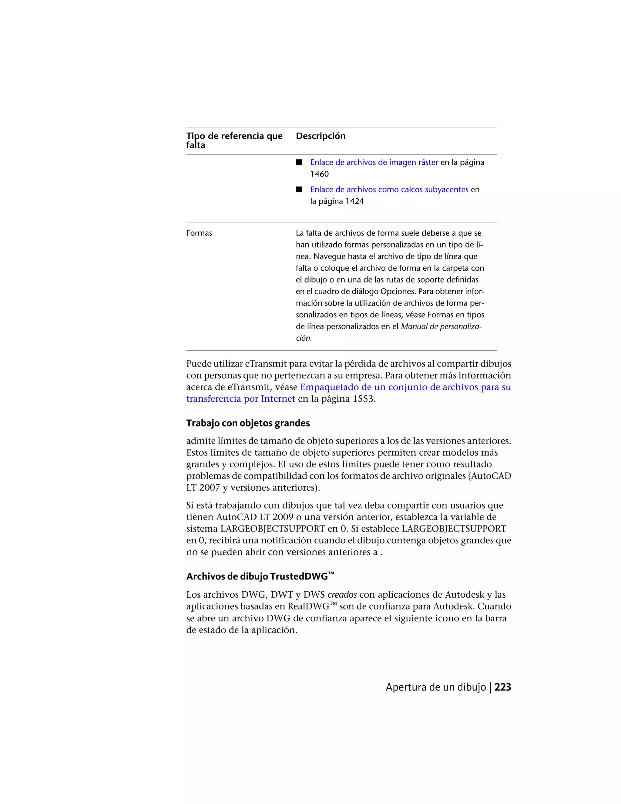 DescripciónTipo de referencia que
falta
■ Enlace de archivos de imagen ráster en la página
1460
■ Enlace de archivos como calcos subyacentes en
la página 1424
La falta de archivos de forma suele deberse a que se
han utilizado formas personalizadas en un tipo de lí-
Formas
nea. Navegue hasta el archivo de tipo de línea que
falta o coloque el archivo de forma en la carpeta con
el dibujo o en una de las rutas de soporte definidas
en el cuadro de diálogo Opciones. Para obtener infor-
mación sobre la utilización de archivos de forma per-
sonalizados en tipos de líneas, véase Formas en tipos
de línea personalizados en el Manual de personaliza-
ción.
Puede utilizar eTransmit para evitar la pérdida de archivos al compartir dibujos
con personas que no pertenezcan a su empresa. Para obtener más información
acerca de eTransmit, véase Empaquetado de un conjunto de archivos para su
transferencia por Internet en la página 1553.
Trabajo con objetos grandes
admite límites de tamaño de objeto superiores a los de las versiones anteriores.
Estos límites de tamaño de objeto superiores permiten crear modelos más
grandes y complejos. El uso de estos límites puede tener como resultado
problemas de compatibilidad con los formatos de archivo originales (AutoCAD
LT 2007 y versiones anteriores).
Si está trabajando con dibujos que tal vez deba compartir con usuarios que
tienen AutoCAD LT 2009 o una versión anterior, establezca la variable de
sistema LARGEOBJECTSUPPORT en 0. Si establece LARGEOBJECTSUPPORT
en 0, recibirá una notificación cuando el dibujo contenga objetos grandes que
no se pueden abrir con versiones anteriores a .
Archivos de dibujo TrustedDWG™
Los archivos DWG, DWT y DWS creados con aplicaciones de Autodesk y las
aplicaciones basadas en RealDWG™ son de confianza para Autodesk. Cuando
se abre un archivo DWG de confianza aparece el siguiente icono en la barra
de estado de la aplicación.
Apertura de un dibujo | 223
 