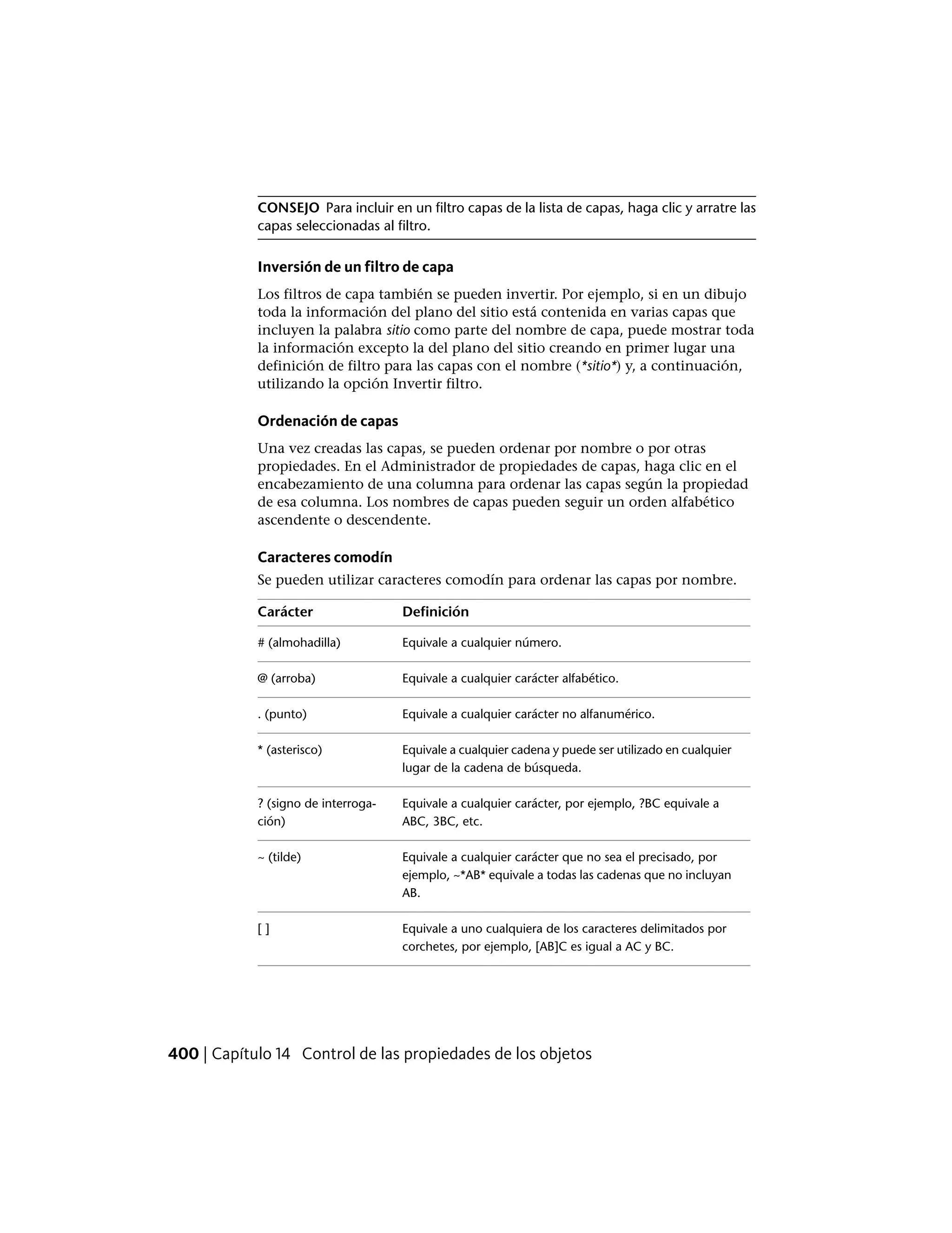 CONSEJO Para incluir en un filtro capas de la lista de capas, haga clic y arratre las
capas seleccionadas al filtro.
Inversión de un filtro de capa
Los filtros de capa también se pueden invertir. Por ejemplo, si en un dibujo
toda la información del plano del sitio está contenida en varias capas que
incluyen la palabra sitio como parte del nombre de capa, puede mostrar toda
la información excepto la del plano del sitio creando en primer lugar una
definición de filtro para las capas con el nombre (*sitio*) y, a continuación,
utilizando la opción Invertir filtro.
Ordenación de capas
Una vez creadas las capas, se pueden ordenar por nombre o por otras
propiedades. En el Administrador de propiedades de capas, haga clic en el
encabezamiento de una columna para ordenar las capas según la propiedad
de esa columna. Los nombres de capas pueden seguir un orden alfabético
ascendente o descendente.
Caracteres comodín
Se pueden utilizar caracteres comodín para ordenar las capas por nombre.
DefiniciónCarácter
Equivale a cualquier número.# (almohadilla)
Equivale a cualquier carácter alfabético.@ (arroba)
Equivale a cualquier carácter no alfanumérico.. (punto)
Equivale a cualquier cadena y puede ser utilizado en cualquier
lugar de la cadena de búsqueda.
* (asterisco)
Equivale a cualquier carácter, por ejemplo, ?BC equivale a
ABC, 3BC, etc.
? (signo de interroga-
ción)
Equivale a cualquier carácter que no sea el precisado, por
ejemplo, ~*AB* equivale a todas las cadenas que no incluyan
AB.
~ (tilde)
Equivale a uno cualquiera de los caracteres delimitados por
corchetes, por ejemplo, [AB]C es igual a AC y BC.
[ ]
400 | Capítulo 14 Control de las propiedades de los objetos
 