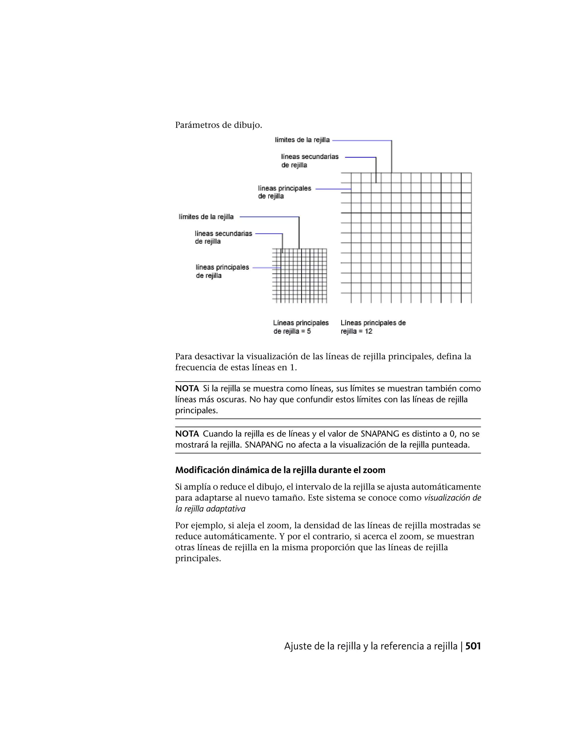 Parámetros de dibujo.
Para desactivar la visualización de las líneas de rejilla principales, defina la
frecuencia de estas líneas en 1.
NOTA Si la rejilla se muestra como líneas, sus límites se muestran también como
líneas más oscuras. No hay que confundir estos límites con las líneas de rejilla
principales.
NOTA Cuando la rejilla es de líneas y el valor de SNAPANG es distinto a 0, no se
mostrará la rejilla. SNAPANG no afecta a la visualización de la rejilla punteada.
Modificación dinámica de la rejilla durante el zoom
Si amplía o reduce el dibujo, el intervalo de la rejilla se ajusta automáticamente
para adaptarse al nuevo tamaño. Este sistema se conoce como visualización de
la rejilla adaptativa
Por ejemplo, si aleja el zoom, la densidad de las líneas de rejilla mostradas se
reduce automáticamente. Y por el contrario, si acerca el zoom, se muestran
otras líneas de rejilla en la misma proporción que las líneas de rejilla
principales.
Ajuste de la rejilla y la referencia a rejilla | 501
 