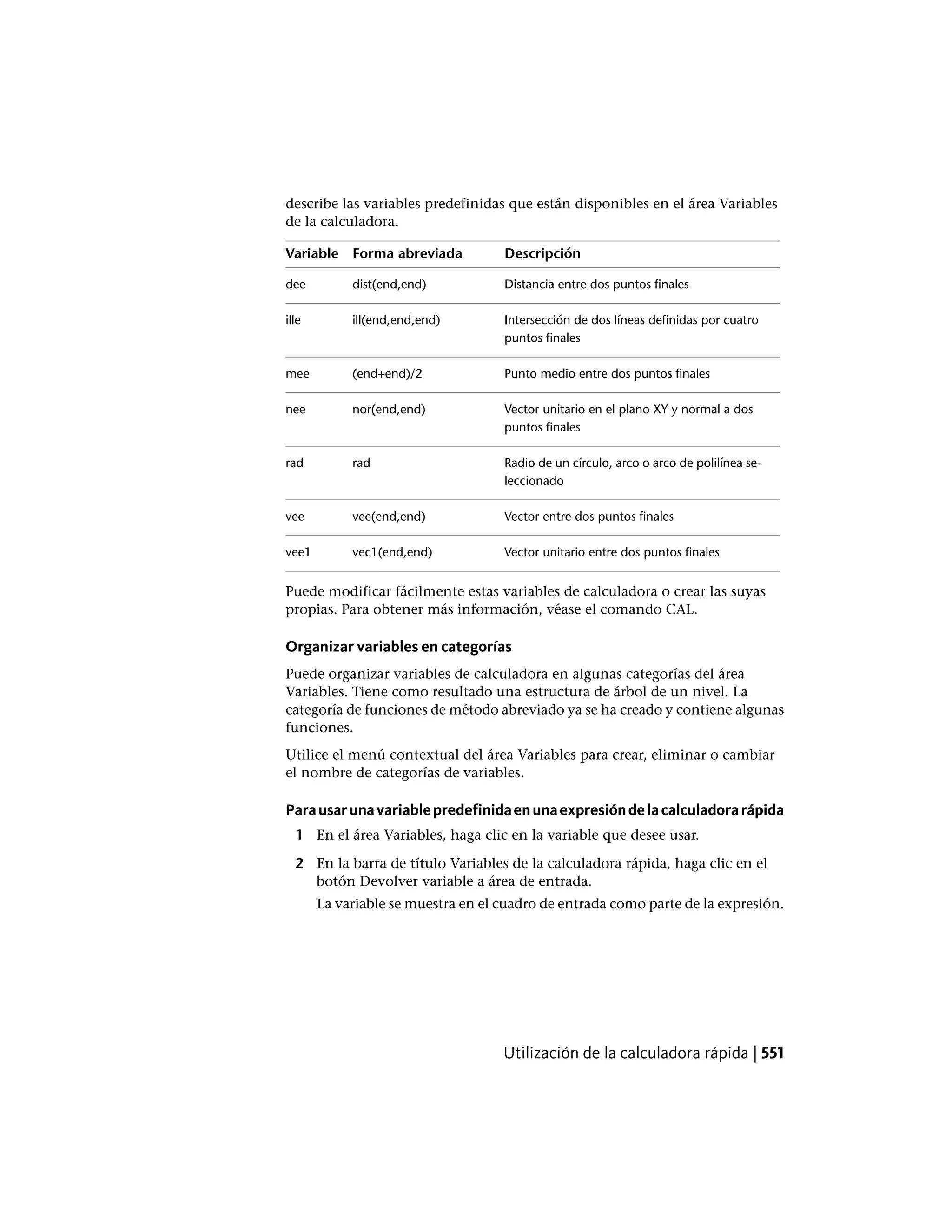 describe las variables predefinidas que están disponibles en el área Variables
de la calculadora.
DescripciónForma abreviadaVariable
Distancia entre dos puntos finalesdist(end,end)dee
Intersección de dos líneas definidas por cuatro
puntos finales
ill(end,end,end)ille
Punto medio entre dos puntos finales(end+end)/2mee
Vector unitario en el plano XY y normal a dos
puntos finales
nor(end,end)nee
Radio de un círculo, arco o arco de polilínea se-
leccionado
radrad
Vector entre dos puntos finalesvee(end,end)vee
Vector unitario entre dos puntos finalesvec1(end,end)vee1
Puede modificar fácilmente estas variables de calculadora o crear las suyas
propias. Para obtener más información, véase el comando CAL.
Organizar variables en categorías
Puede organizar variables de calculadora en algunas categorías del área
Variables. Tiene como resultado una estructura de árbol de un nivel. La
categoría de funciones de método abreviado ya se ha creado y contiene algunas
funciones.
Utilice el menú contextual del área Variables para crear, eliminar o cambiar
el nombre de categorías de variables.
Parausarunavariablepredefinidaenunaexpresióndelacalculadorarápida
1 En el área Variables, haga clic en la variable que desee usar.
2 En la barra de título Variables de la calculadora rápida, haga clic en el
botón Devolver variable a área de entrada.
La variable se muestra en el cuadro de entrada como parte de la expresión.
Utilización de la calculadora rápida | 551
 