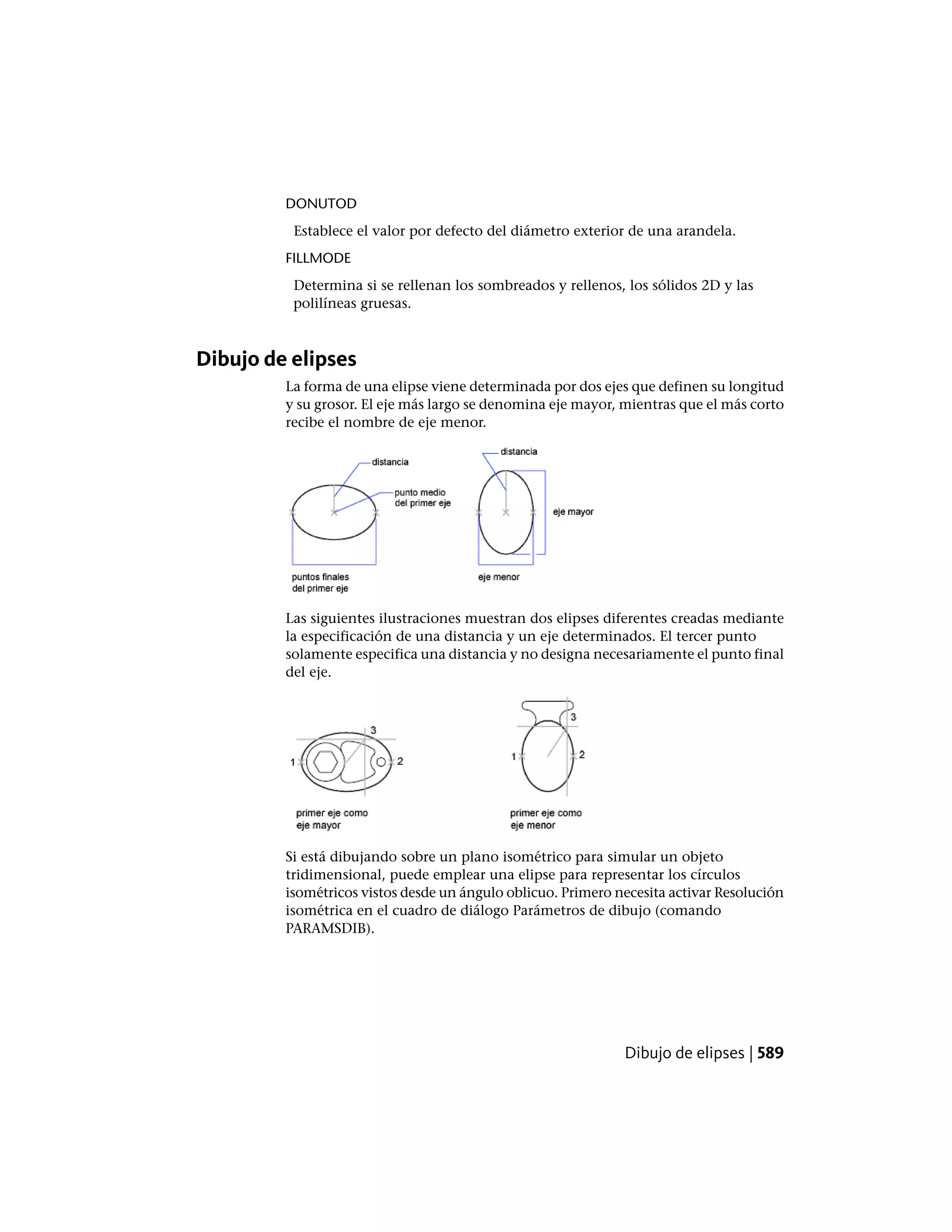 DONUTOD
Establece el valor por defecto del diámetro exterior de una arandela.
FILLMODE
Determina si se rellenan los sombreados y rellenos, los sólidos 2D y las
polilíneas gruesas.
Dibujo de elipses
La forma de una elipse viene determinada por dos ejes que definen su longitud
y su grosor. El eje más largo se denomina eje mayor, mientras que el más corto
recibe el nombre de eje menor.
Las siguientes ilustraciones muestran dos elipses diferentes creadas mediante
la especificación de una distancia y un eje determinados. El tercer punto
solamente especifica una distancia y no designa necesariamente el punto final
del eje.
Si está dibujando sobre un plano isométrico para simular un objeto
tridimensional, puede emplear una elipse para representar los círculos
isométricos vistos desde un ángulo oblicuo. Primero necesita activar Resolución
isométrica en el cuadro de diálogo Parámetros de dibujo (comando
PARAMSDIB).
Dibujo de elipses | 589
 