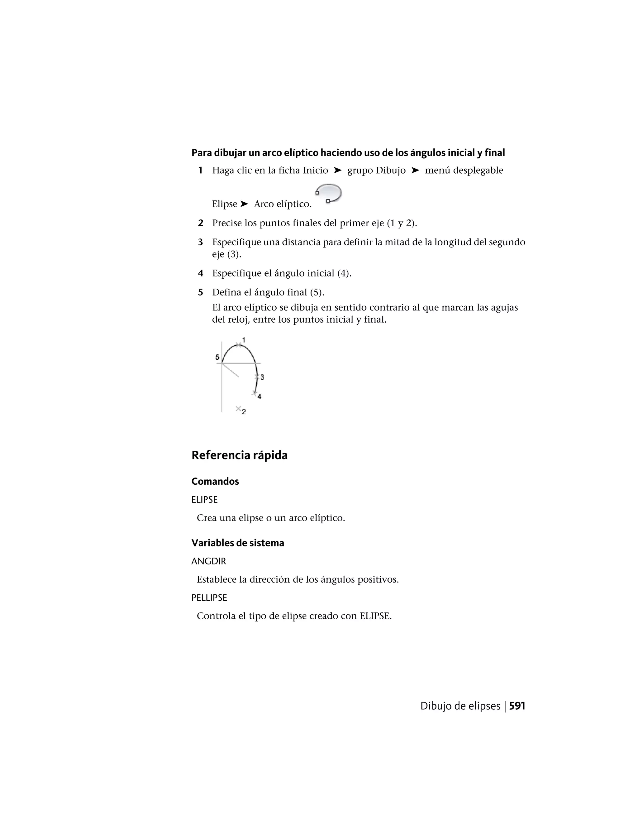 Para dibujar un arco elíptico haciendo uso de los ángulos inicial y final
1 Haga clic en la ficha Inicio ➤ grupo Dibujo ➤ menú desplegable
Elipse ➤ Arco elíptico.
2 Precise los puntos finales del primer eje (1 y 2).
3 Especifique una distancia para definir la mitad de la longitud del segundo
eje (3).
4 Especifique el ángulo inicial (4).
5 Defina el ángulo final (5).
El arco elíptico se dibuja en sentido contrario al que marcan las agujas
del reloj, entre los puntos inicial y final.
Referencia rápida
Comandos
ELIPSE
Crea una elipse o un arco elíptico.
Variables de sistema
ANGDIR
Establece la dirección de los ángulos positivos.
PELLIPSE
Controla el tipo de elipse creado con ELIPSE.
Dibujo de elipses | 591
 