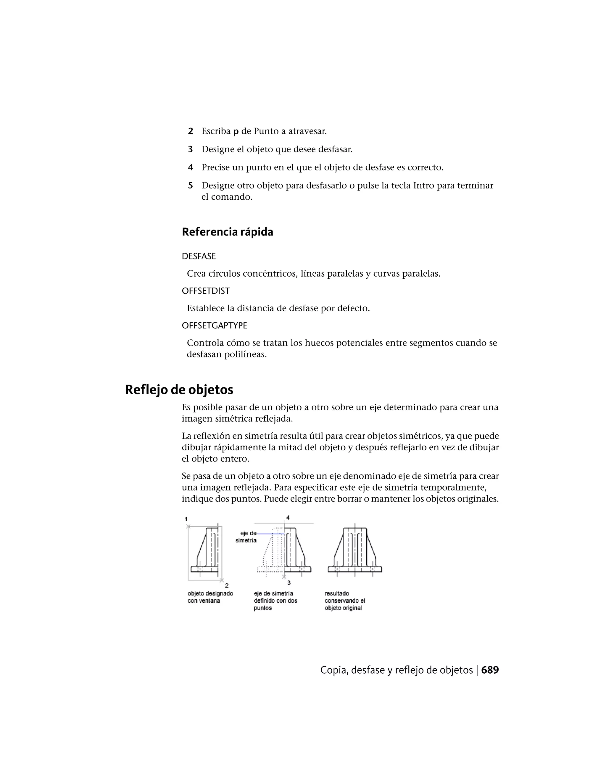 2 Escriba p de Punto a atravesar.
3 Designe el objeto que desee desfasar.
4 Precise un punto en el que el objeto de desfase es correcto.
5 Designe otro objeto para desfasarlo o pulse la tecla Intro para terminar
el comando.
Referencia rápida
DESFASE
Crea círculos concéntricos, líneas paralelas y curvas paralelas.
OFFSETDIST
Establece la distancia de desfase por defecto.
OFFSETGAPTYPE
Controla cómo se tratan los huecos potenciales entre segmentos cuando se
desfasan polilíneas.
Reflejo de objetos
Es posible pasar de un objeto a otro sobre un eje determinado para crear una
imagen simétrica reflejada.
La reflexión en simetría resulta útil para crear objetos simétricos, ya que puede
dibujar rápidamente la mitad del objeto y después reflejarlo en vez de dibujar
el objeto entero.
Se pasa de un objeto a otro sobre un eje denominado eje de simetría para crear
una imagen reflejada. Para especificar este eje de simetría temporalmente,
indique dos puntos. Puede elegir entre borrar o mantener los objetos originales.
Copia, desfase y reflejo de objetos | 689
 