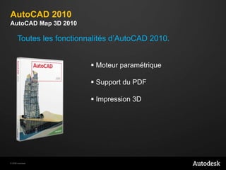 AutoCAD 2010AutoCAD Map 3D 2010Toutes les fonctionnalités d’AutoCAD2010. Moteur paramétrique