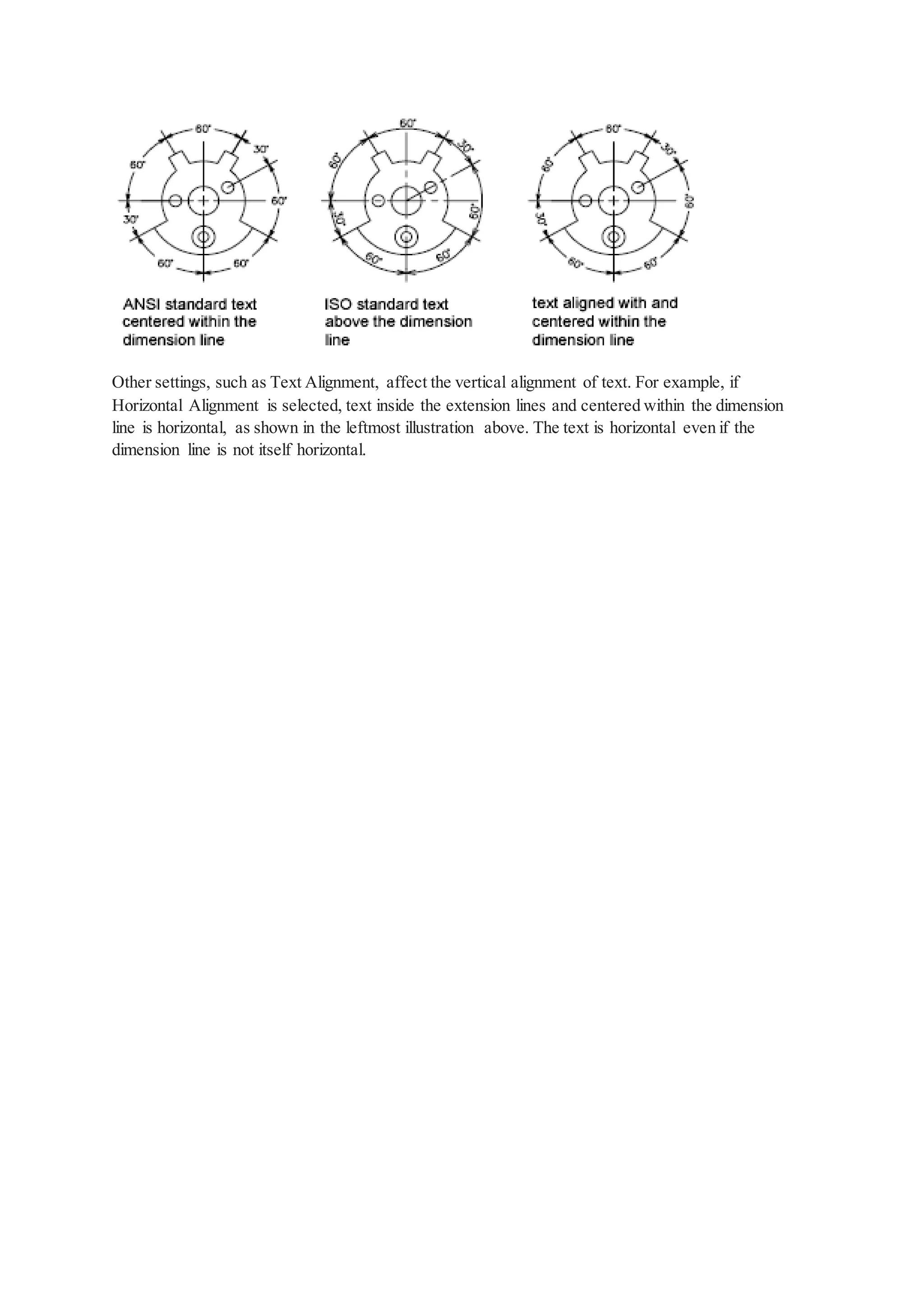Other settings, such as Text Alignment, affect the vertical alignment of text. For example, if
Horizontal Alignment is selected, text inside the extension lines and centered within the dimension
line is horizontal, as shown in the leftmost illustration above. The text is horizontal even if the
dimension line is not itself horizontal.
 